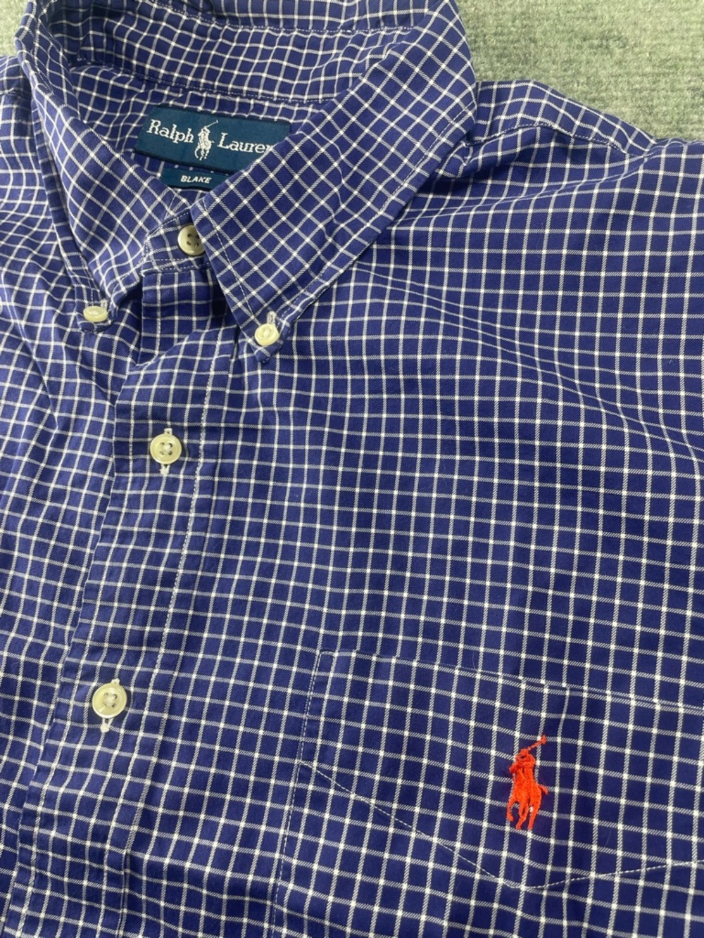 Ralph Lauren Navy Blue Windowpane Check Button-Down Shirt with Red Pony